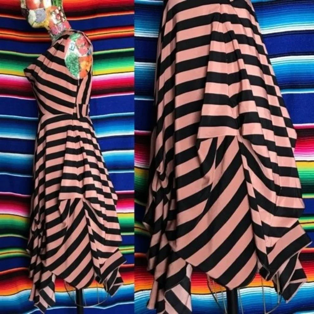 Minuet Silky Striped Open Back Dress Cowl Tie Bubble